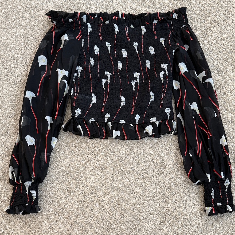 Caroline Constas Silk Floral Off-Shoulder Black Top, size Small